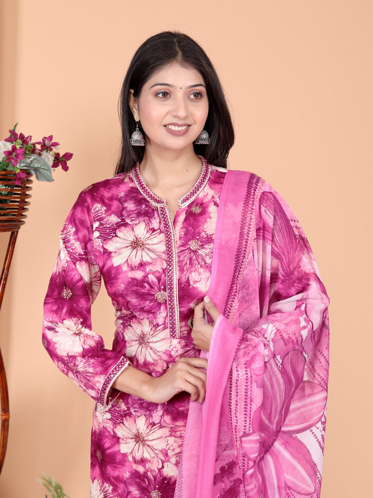 Elegant Floral Printed Silk Straight Kurti Set with Pant & Malmal Dupatta