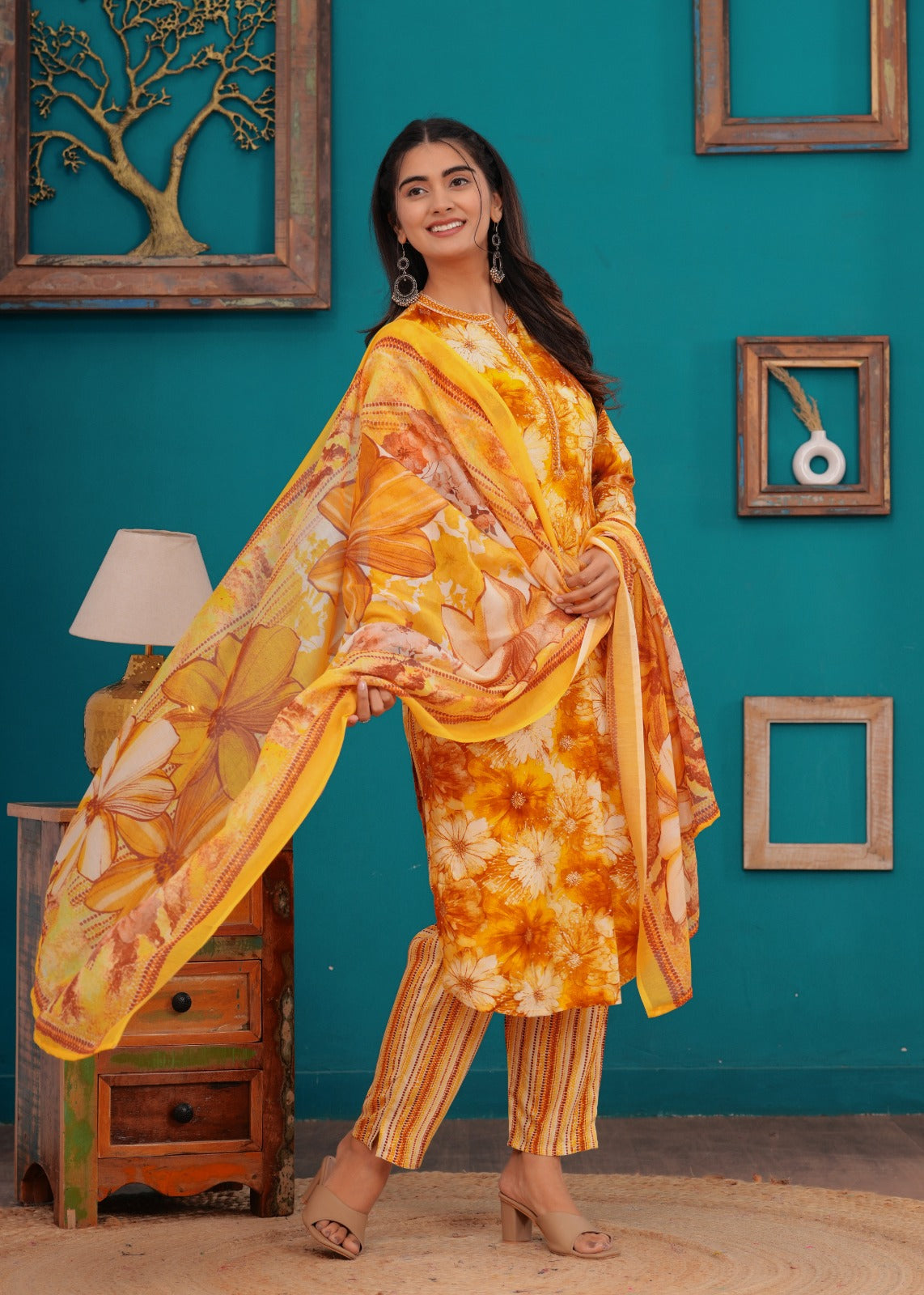 Elegant Floral Printed Silk Straight Kurti Set with Pant & Malmal Dupatta