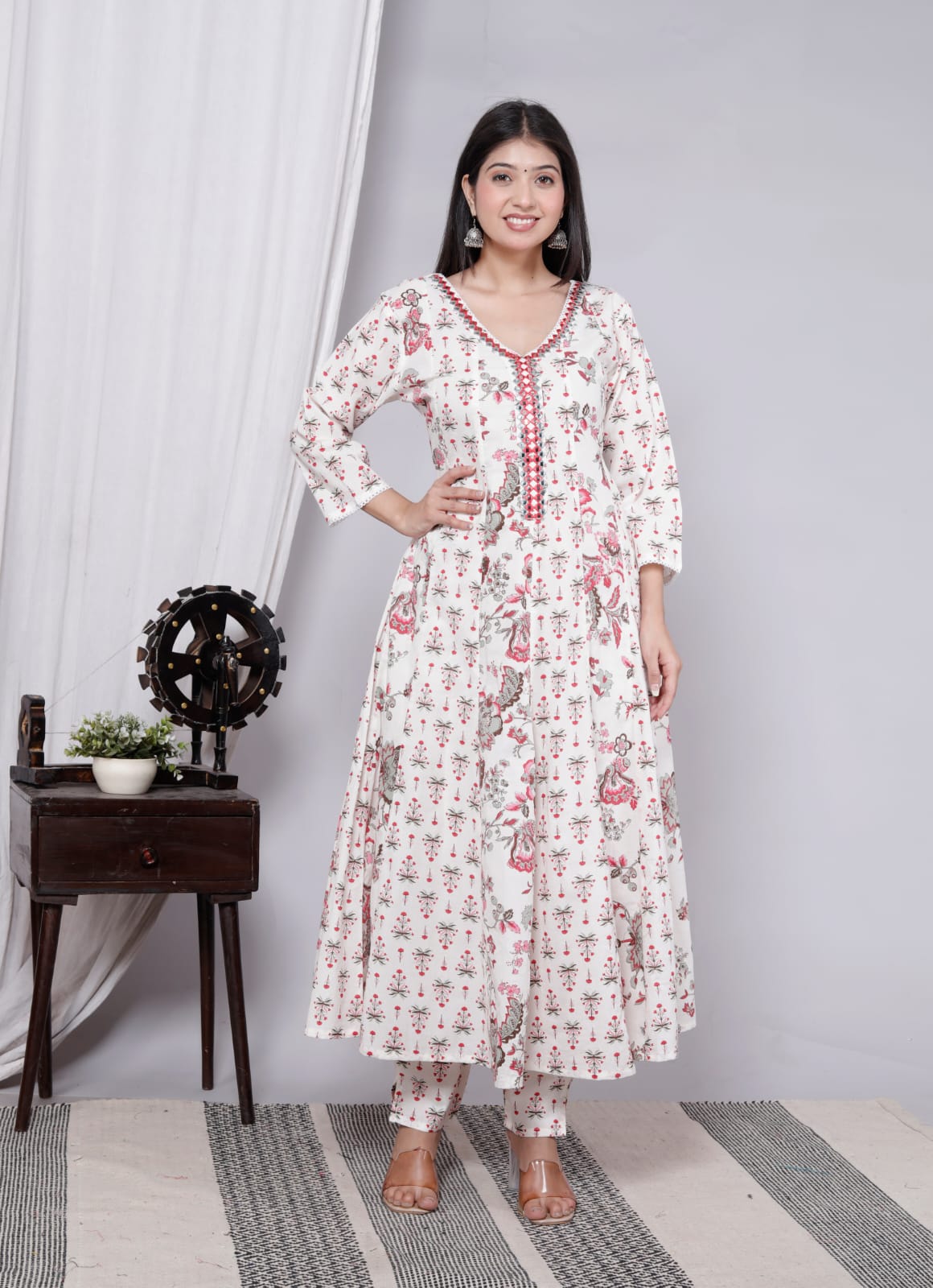 Anarkali Cotton Kurti Set with Pant and Dupatta – Floral Print (Ready to Wear)