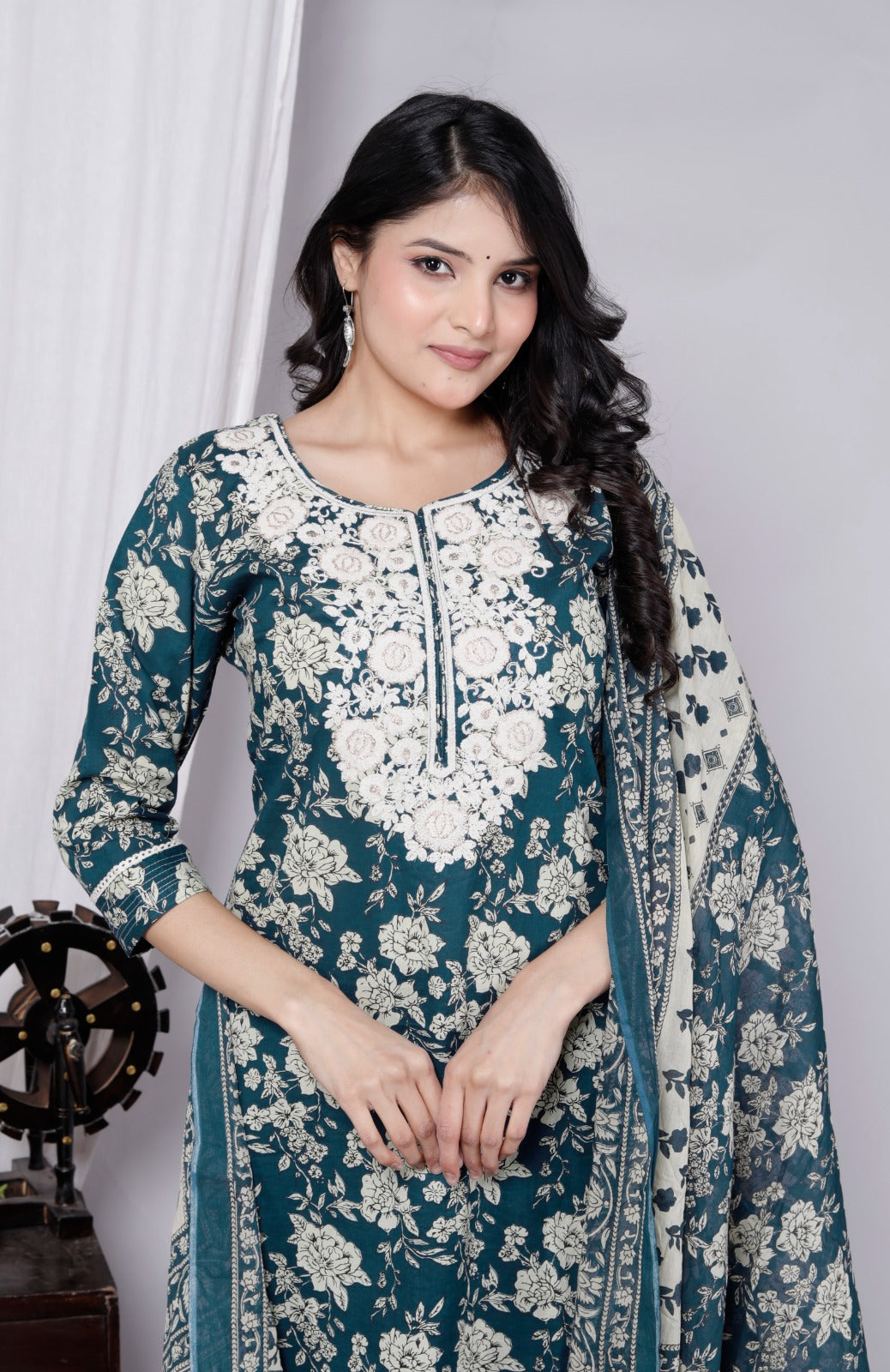 Floral Cotton Straight Kurti Set with Pant & Malmal Dupatta – Everyday Ethnic Wear