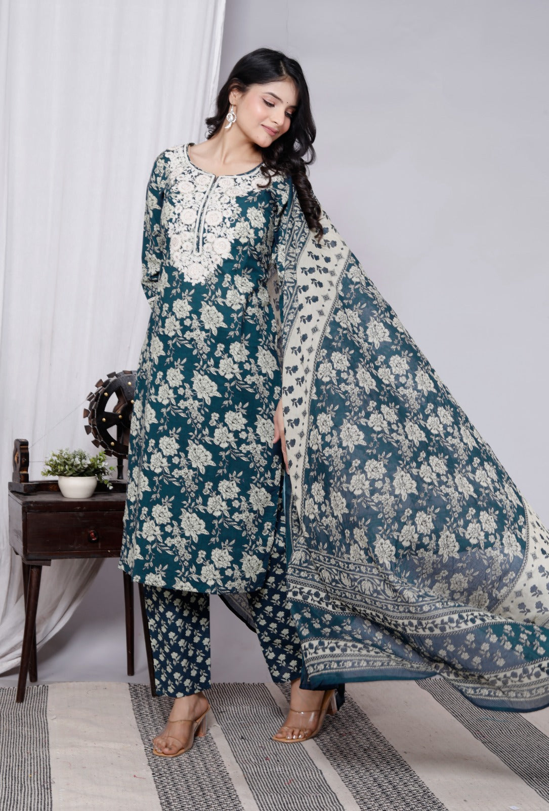 Floral Cotton Straight Kurti Set with Pant & Malmal Dupatta – Everyday Ethnic Wear