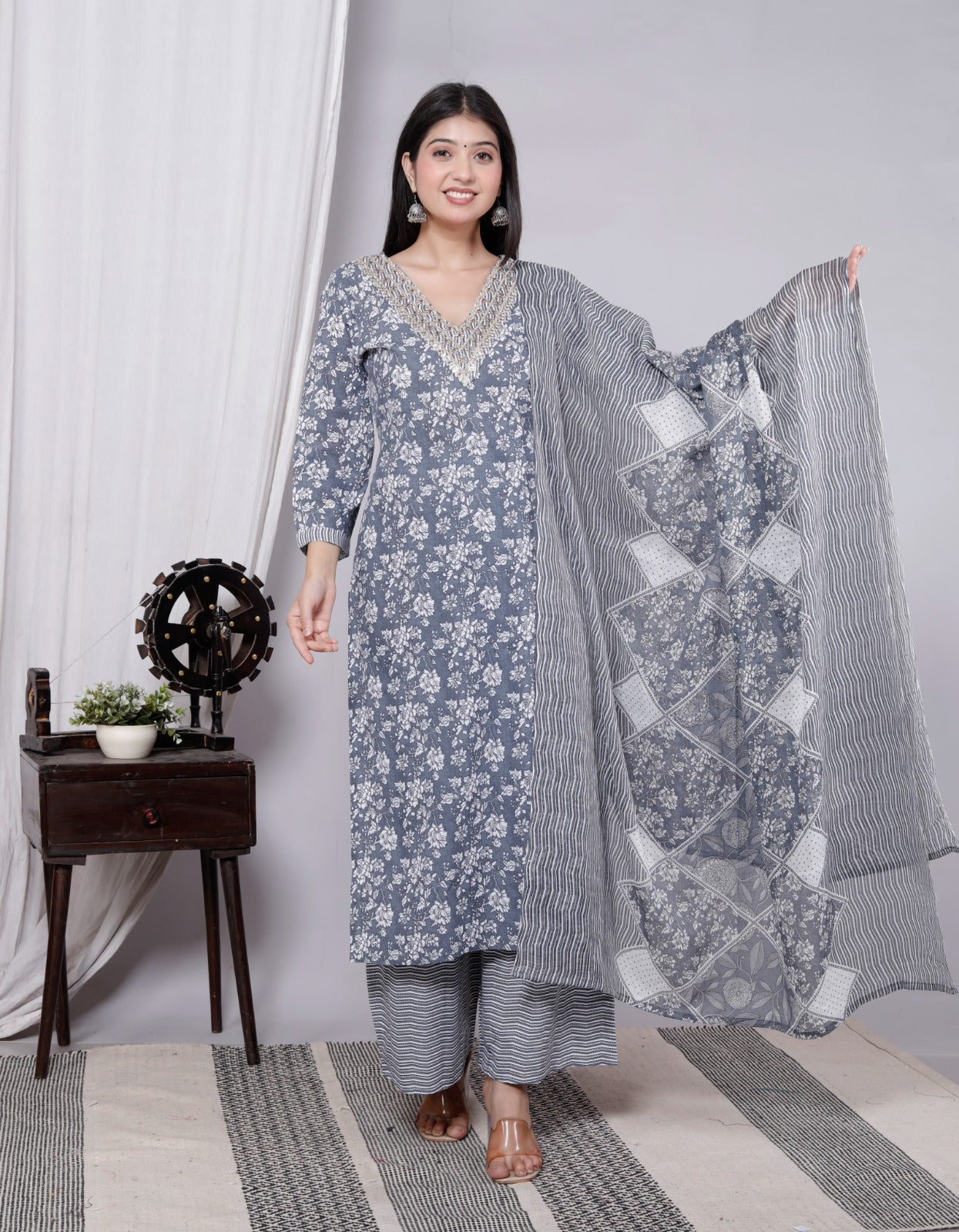 Straight Fit Readymade Cotton Kurti Set with Floral Print – Kurta, Pant & Dupatta