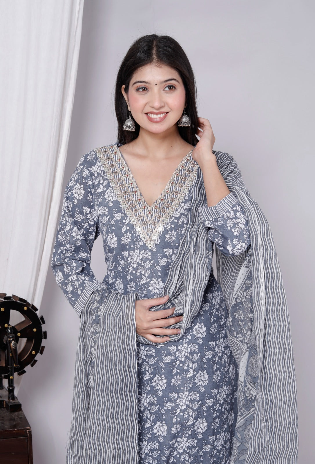 Straight Fit Readymade Cotton Kurti Set with Floral Print – Kurta, Pant & Dupatta